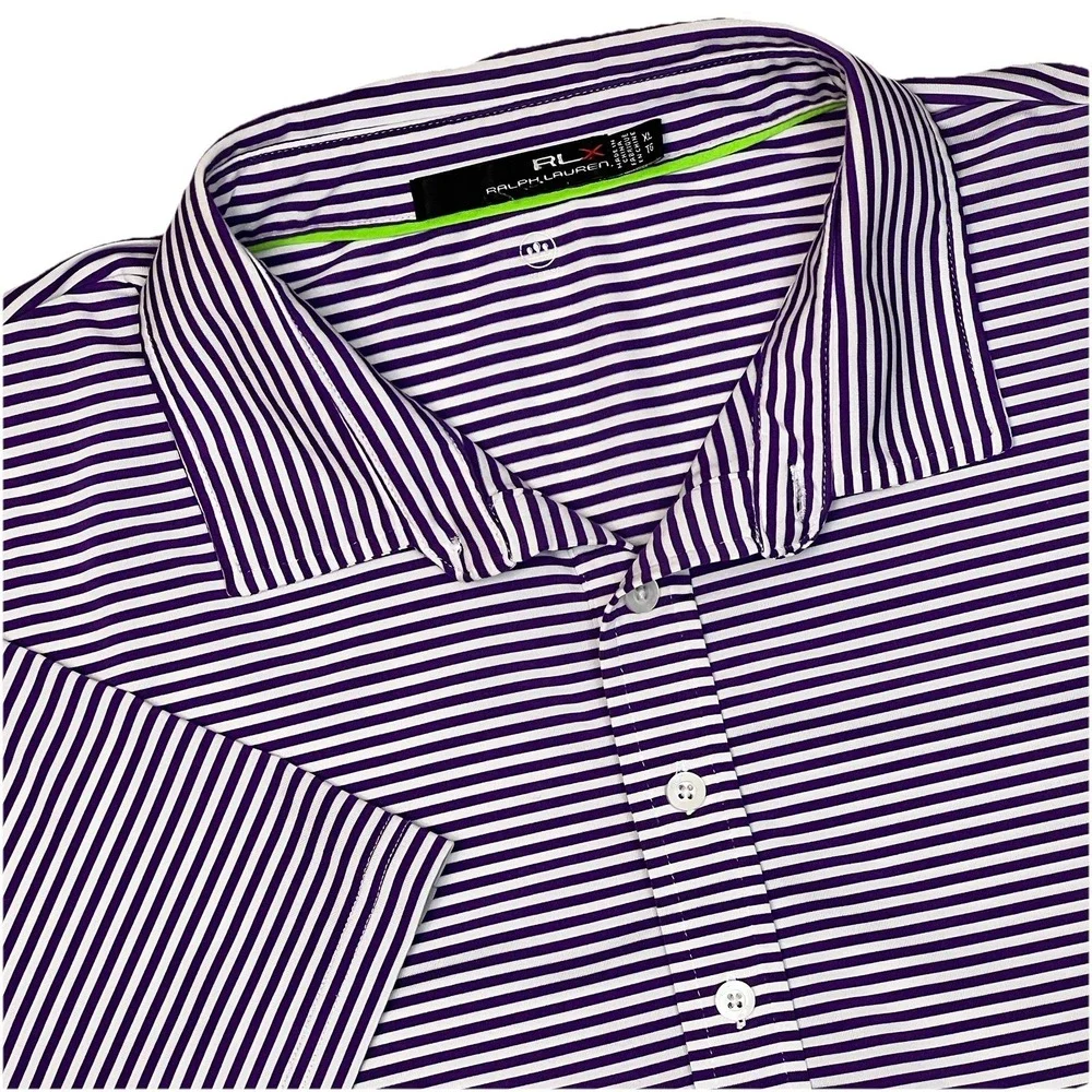 RLX Ralph Lauren Mens XL Purple/White Striped Wicking Lightweight Golf Polo
